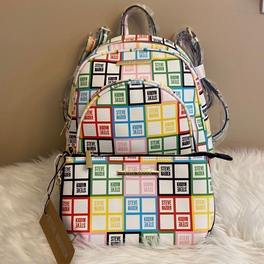 NWT Steve  Madden Bjordan White Floral Logo Backpack - w/ Matching Wristlet